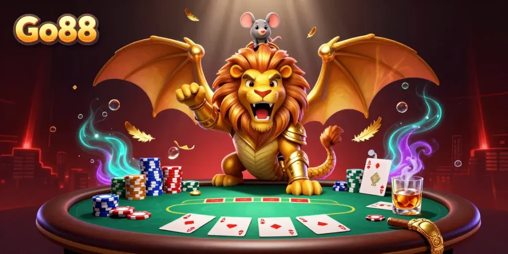 Engage in thrilling poker action with Go88, featuring a golden chimera and poker elements.
