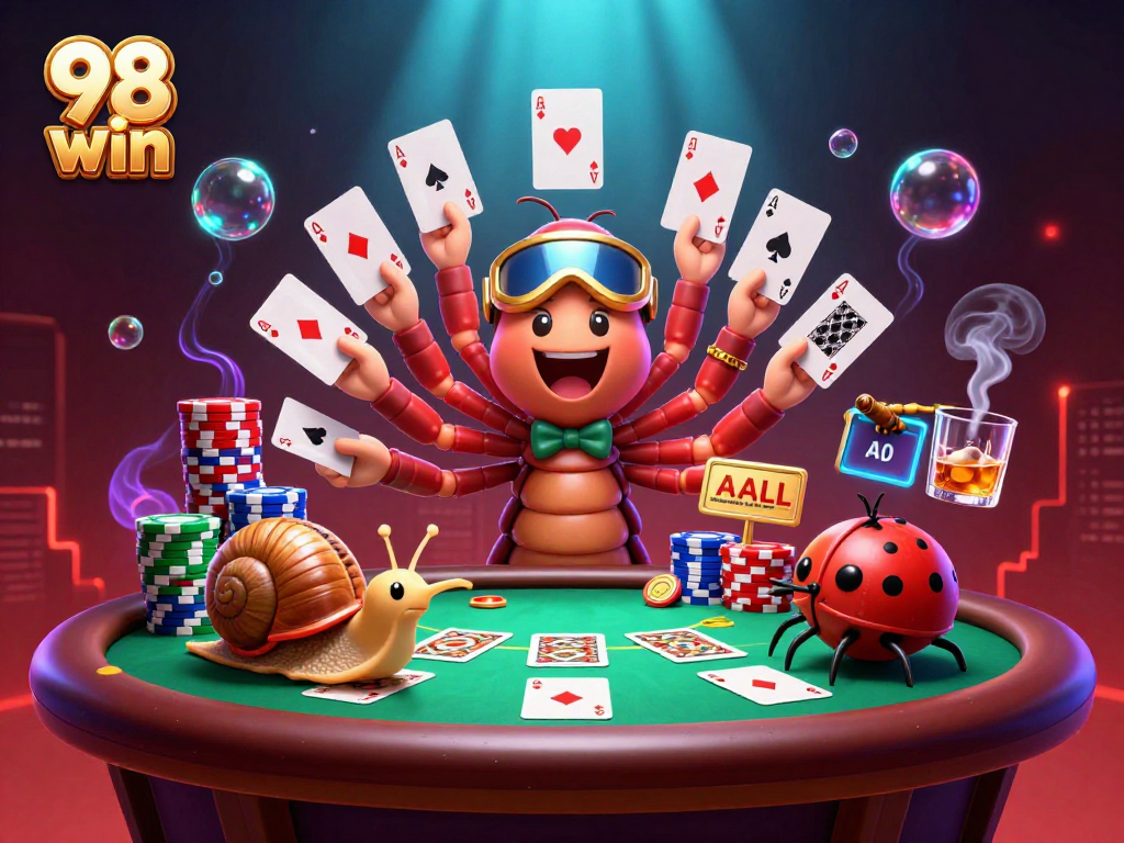 Experience the thrill of 98 win with a dynamic casino scene featuring a 3D cartoon dealer and immersive game elements.