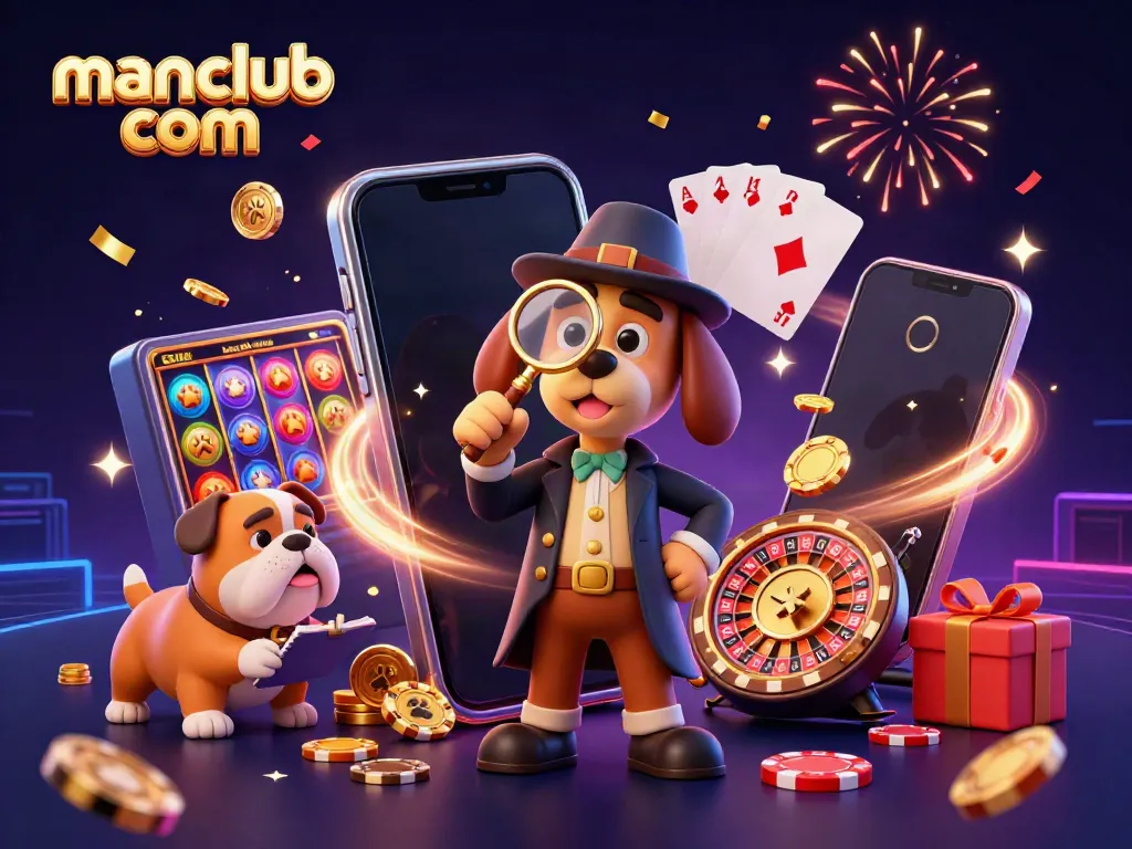 Experience excitement at manclub com with a 3D detective seeking poker clues amid vibrant casino elements.