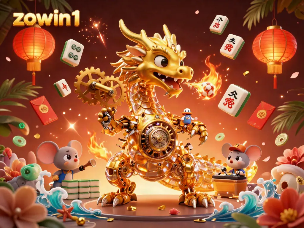 Engage with the immersive world of zowin1, where a golden dragon breathes gears amidst stunning game elements.