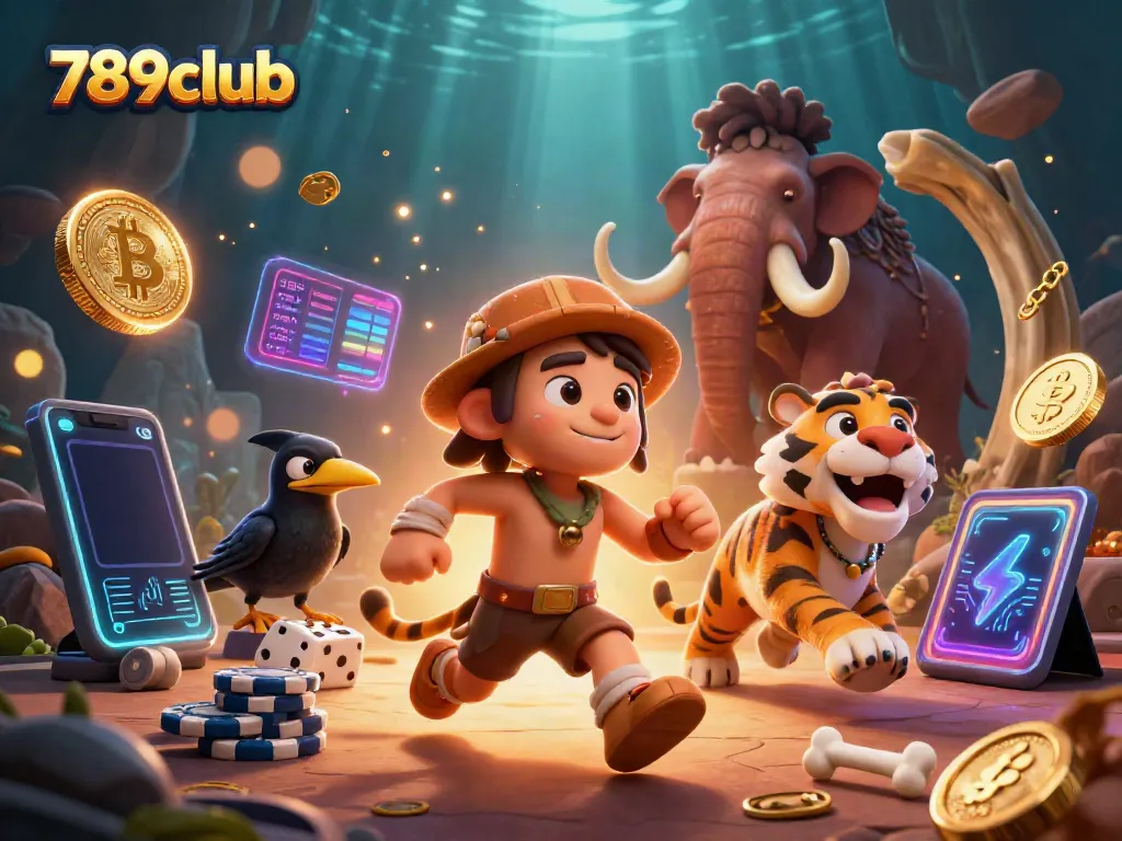 Engage with thrilling games at 789club, featuring a vibrant prehistoric casino scene with charismatic characters and exciting elements.