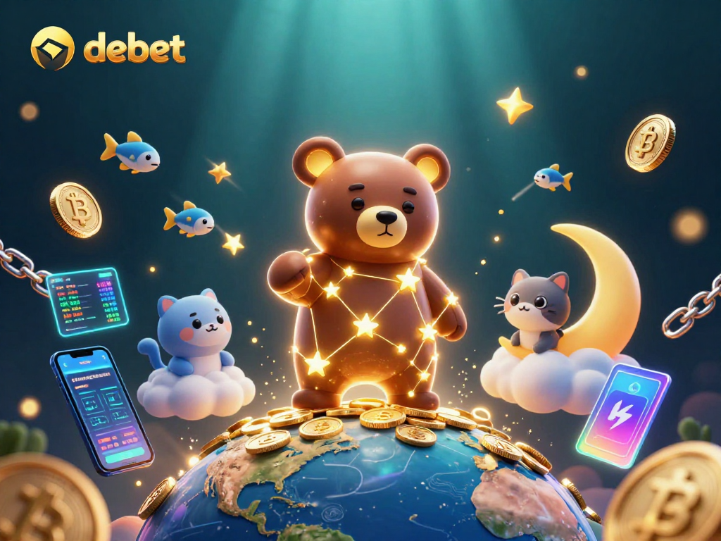 Engage in thrilling crypto gaming with debet's vibrant constellation bear, coins, and dynamic elements.