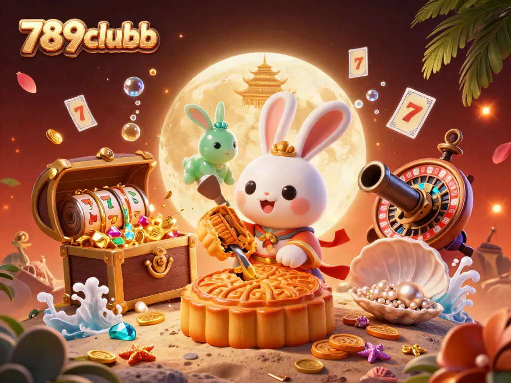 Experience the excitement of 789clubb with a lively illustration of a moon rabbit cracking open treasures for casino players.