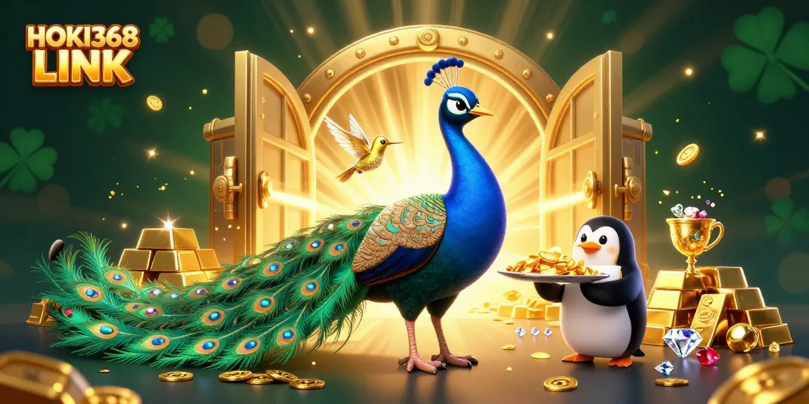Engage in games with HOKI368 LINK as 3D peacock spreads its luxurious feathers amidst gold treasures.