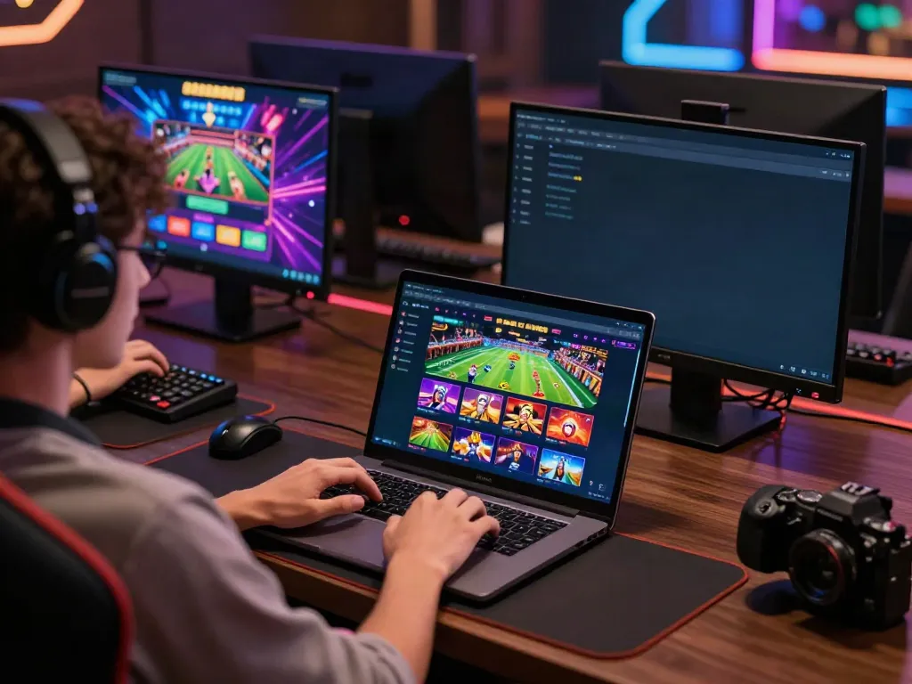 Engaging scene of a user interacting with the nhà cái five88 platform for online gambling with vibrant graphics and a modern setup.