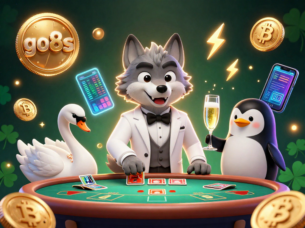 Join the excitement of the go8s casino with vibrant characters and glowing crypto elements.