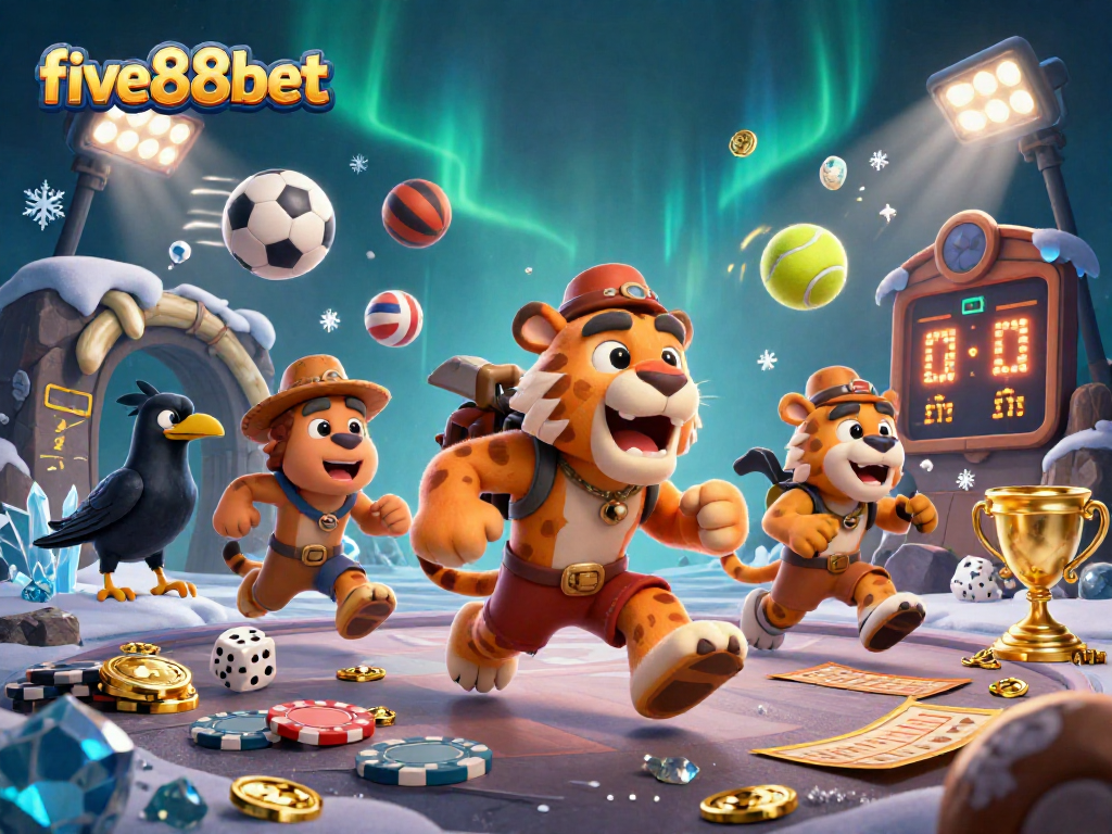 Experience five88bet's vibrant prehistoric casino with energetic characters and dynamic sports betting elements.