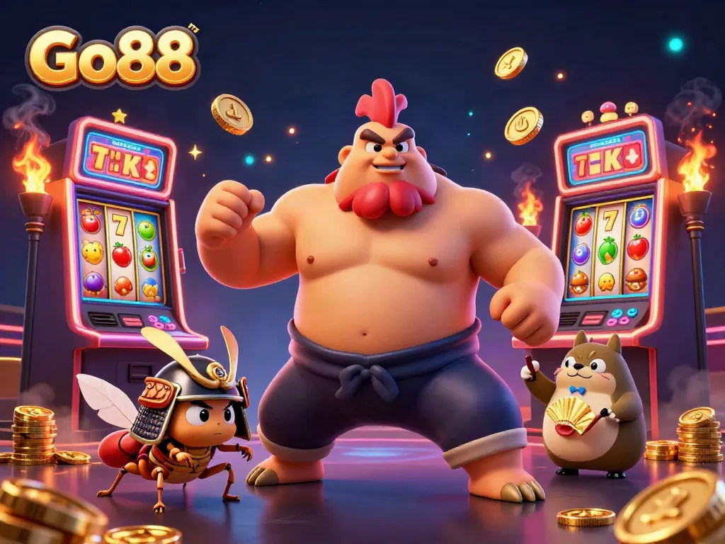 Experience the action-packed Go88 gaming scene with colorful slot machines, a sumo rooster, and dynamic characters.