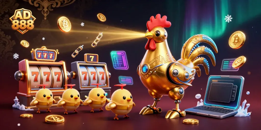 Engage with AD 888's thrilling slot gaming scene featuring a magical golden rooster and vibrant cryptocurrency elements.