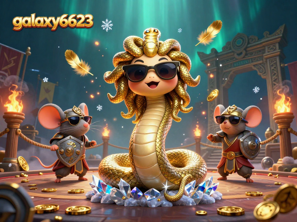 Engage with the exciting galaxy6623 game through a vibrant and dynamic casino scene featuring friendly characters and golden tokens.
