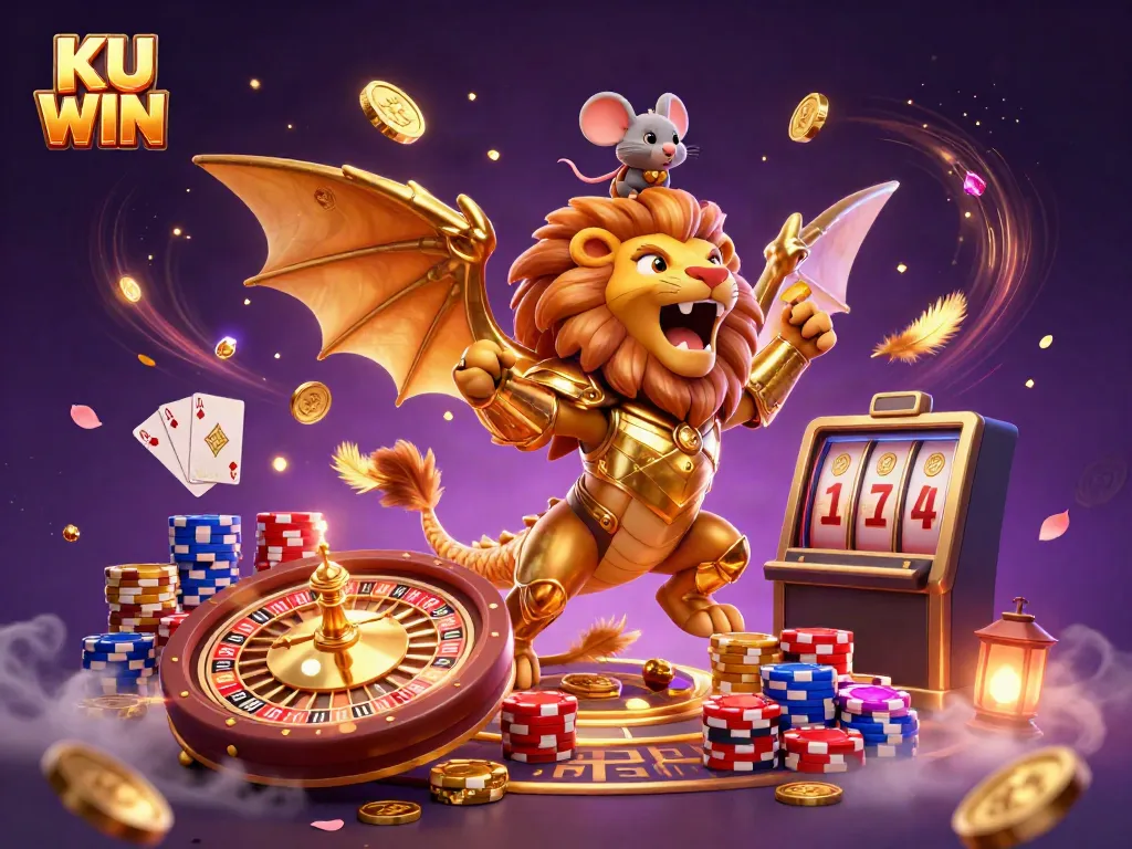 KU WIN gaming scene with cheerful chimera and mouse jockey surrounded by vibrant coins, cards, and casino elements.