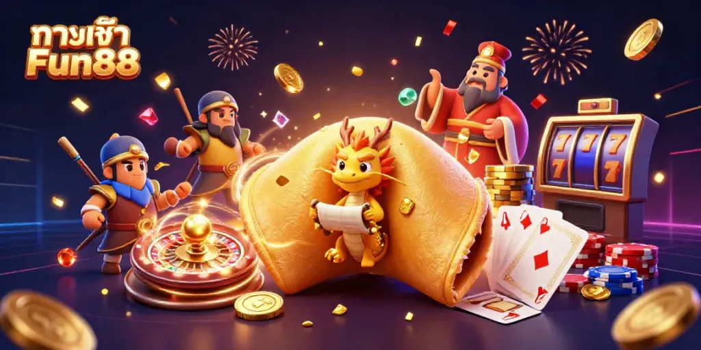 Engage with the vibrant spirit of ทางเข้า Fun88, featuring a lively golden fortune cookie and festive casino elements.