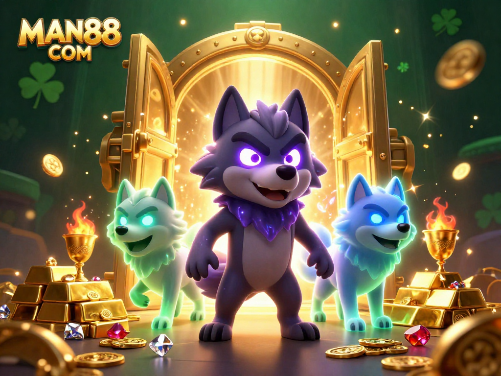 Engage with MAN88 COM while exploring treasures in a vibrant 3D casino scene filled with gold and jewels.