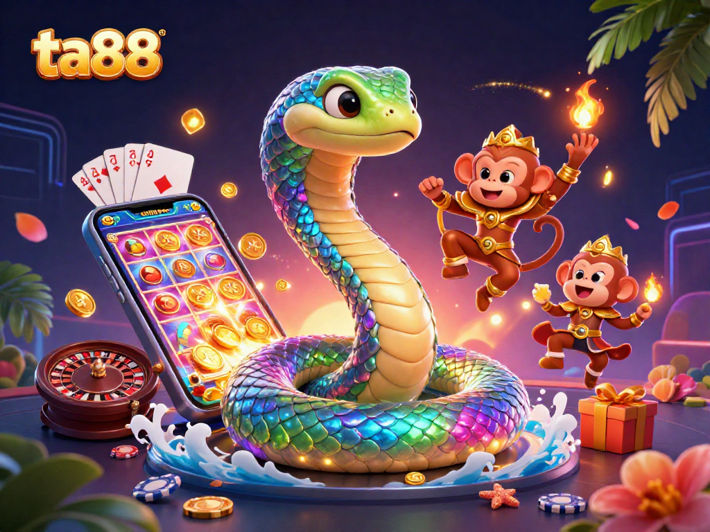 Experience the excitement of ta88 with vibrant casino elements and playful characters in this dynamic illustration.