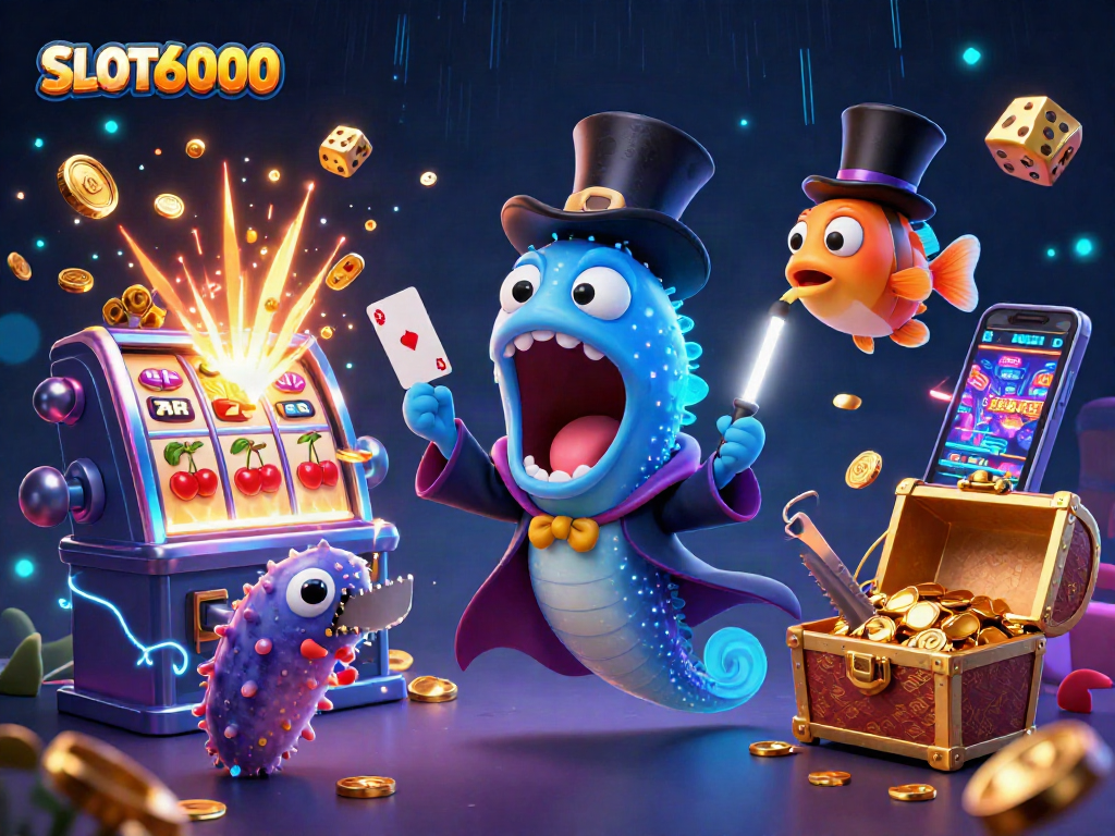 SLOT6000 showcases a whimsical underwater casino scene with characters performing magic tricks.