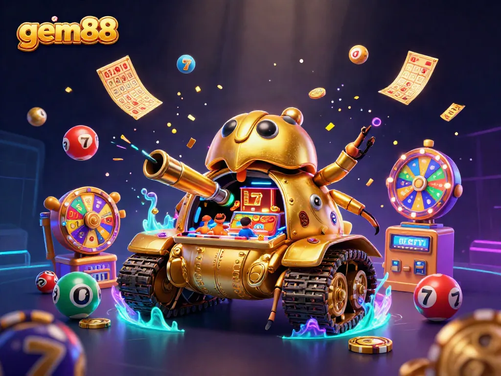 Engage with gem88's vibrant casino world featuring a colorful lottery-driven atmosphere and dynamic slot elements.