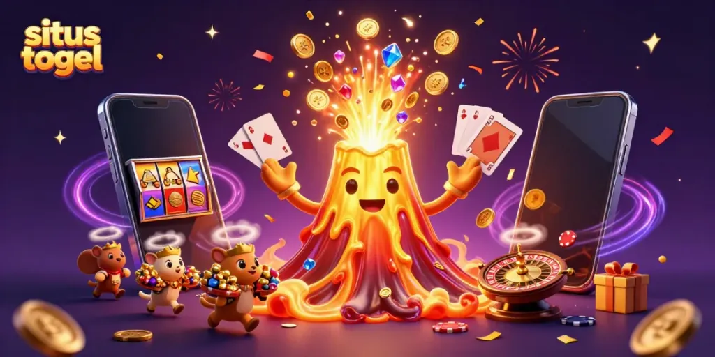 Engaging illustration of situs togel with a golden volcano erupting coins, vibrant casino elements, and playful animals.