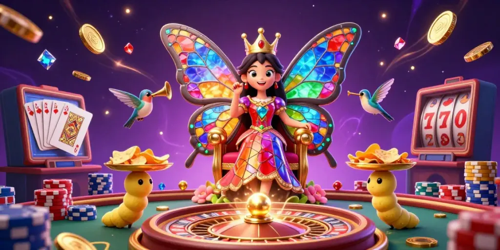 Experience the excitement of gambling with xoilac's vibrant scene featuring a butterfly queen and dynamic game elements.