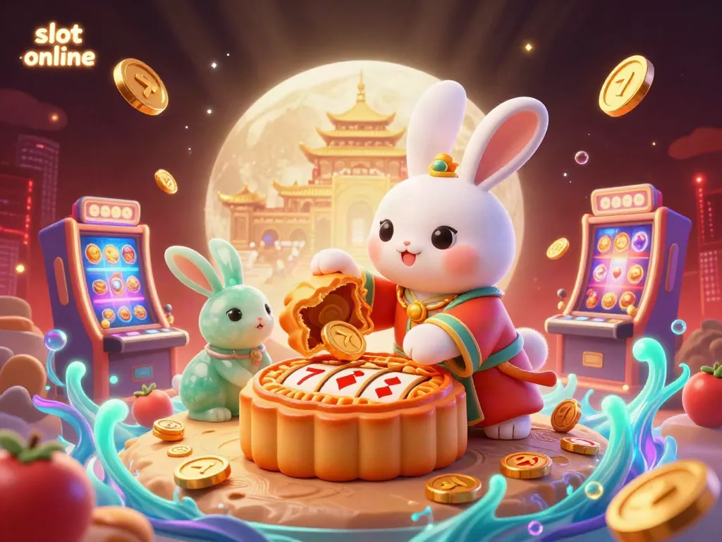 Play immersive slot online games with a moon rabbit and vibrant slot machines.
