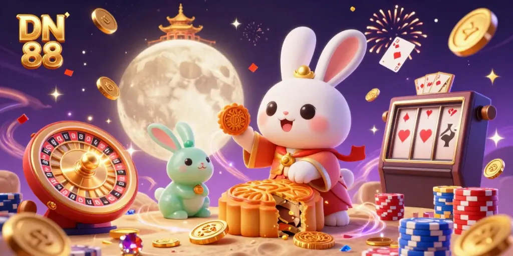 Witness the energetic scene of DN 88 with a moon rabbit revealing poker chips and vibrant casino elements.
