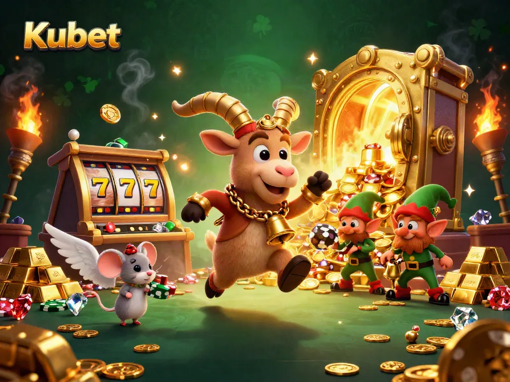 Kubet players enjoy thrilling games with lively characters in a festive casino scene.