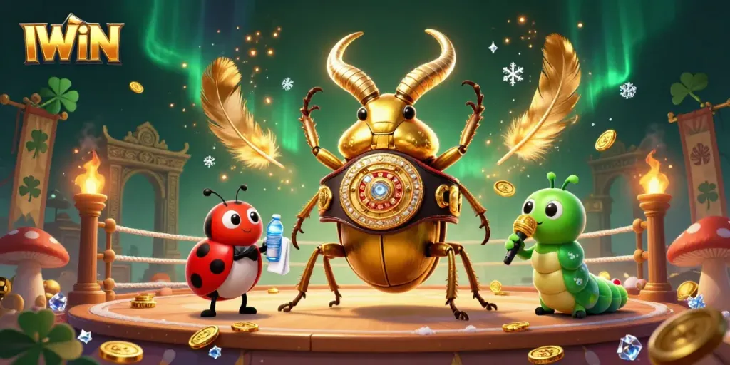 IWIN showcases a vibrant 3D scene featuring a cartoon golden stag beetle in a boxing match, highlighting the casino atmosphere.