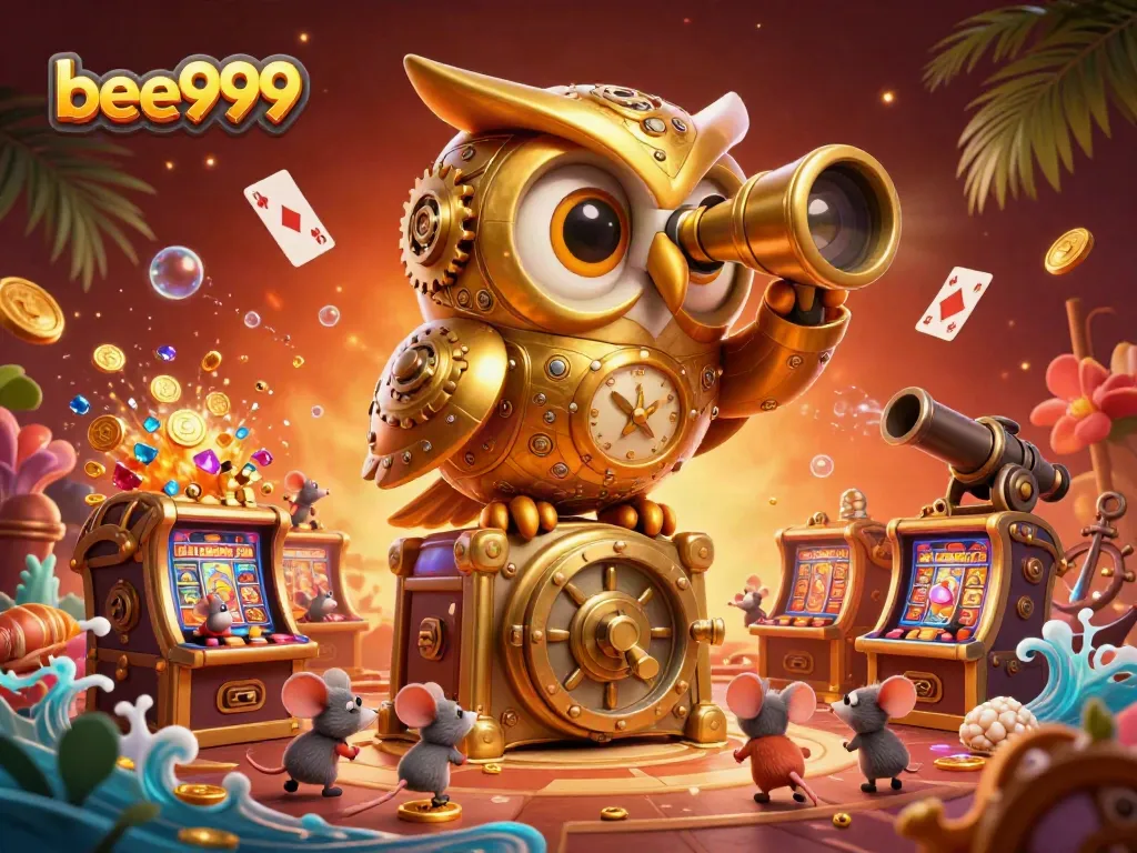 Experience thrilling gameplay at bee999 with a golden owl overseeing a vibrant casino floor.