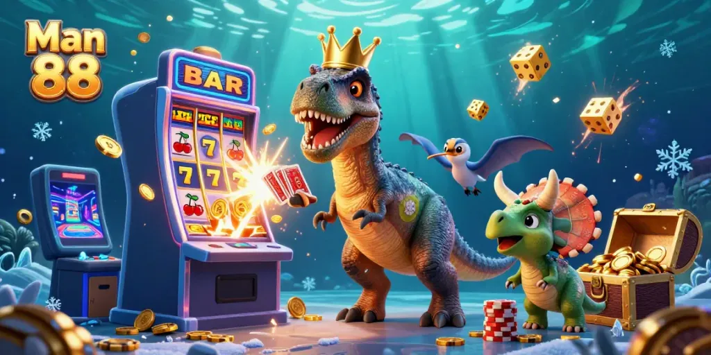 Engage in the excitement of Man 88 with a lively scene featuring a crowned T-Rex shuffling cards.