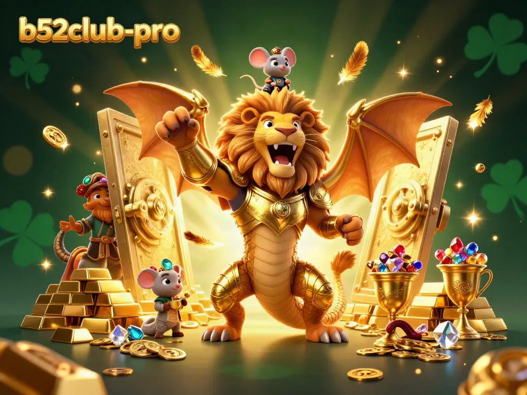 Engage in thrilling action at b52club-pro with a vibrant 3D casino scene featuring treasures and a chimera.