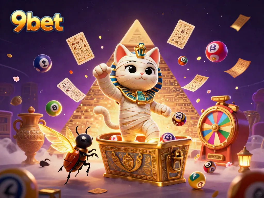 Experience the exciting world of 9bet with vibrant casino themes featuring a mummy cat and dynamic lottery elements.
