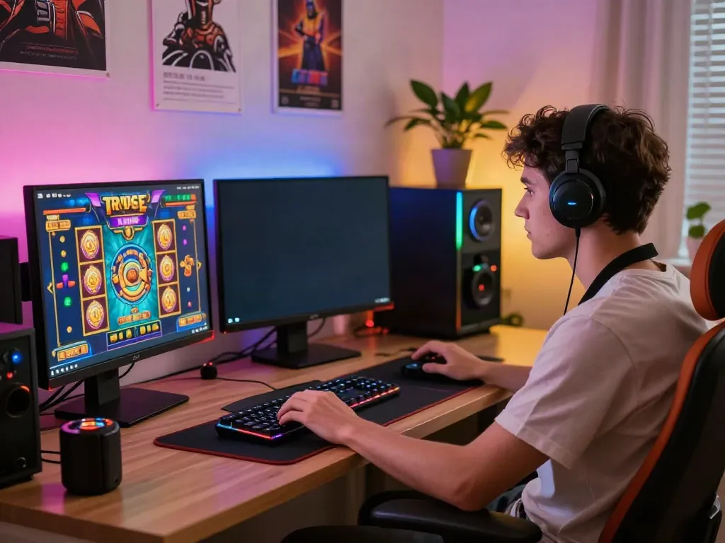 Gamer enjoying slot gacor gampang menang in a vibrant home office.