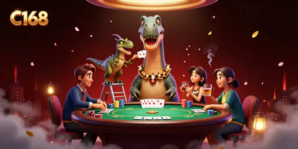 A dynamic scene of C168 featuring a towering brontosaurus watching a poker game, with colorful chips and cards.