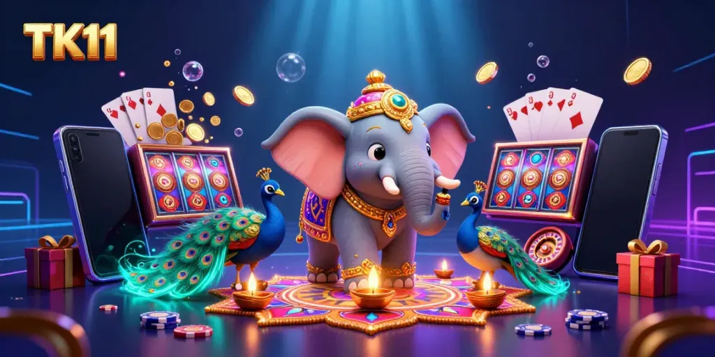 Experience thrilling slot spins and vibrant casino elements with TK11's dynamic gaming scene.