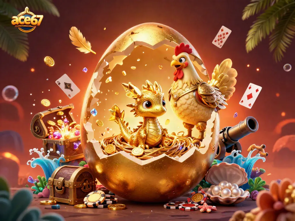 Experience ace67’s vibrant gaming world with a baby dragon and golden poker chips.