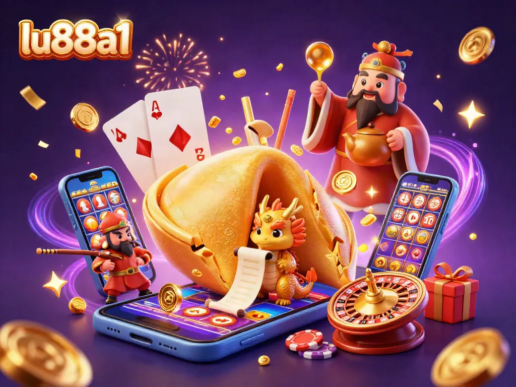 Experience the excitement at lu88a1 with a 3D illustration of dynamic casino elements and characters.