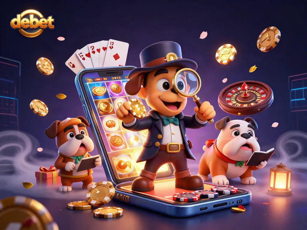 Experience the thrill of debet gaming with detective characters uncovering treasures amidst lively casino elements.