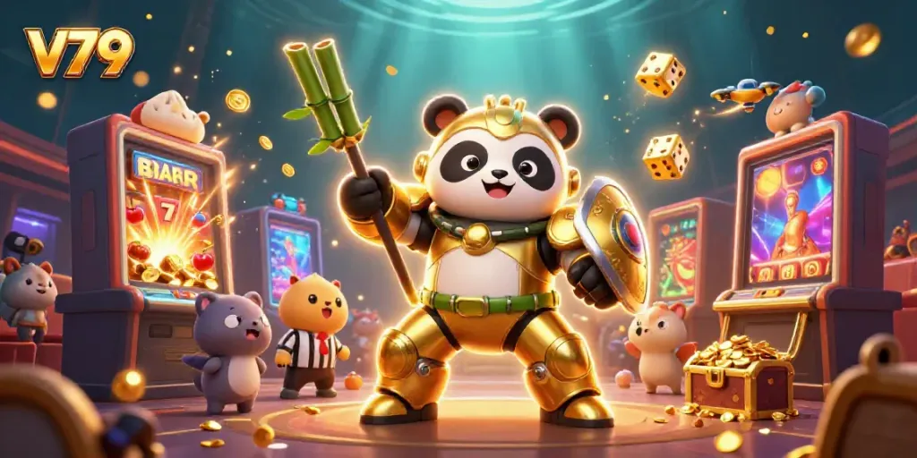 Experience thrilling gameplay at v79 with animated features, golden panda robot, and jackpot symbols.