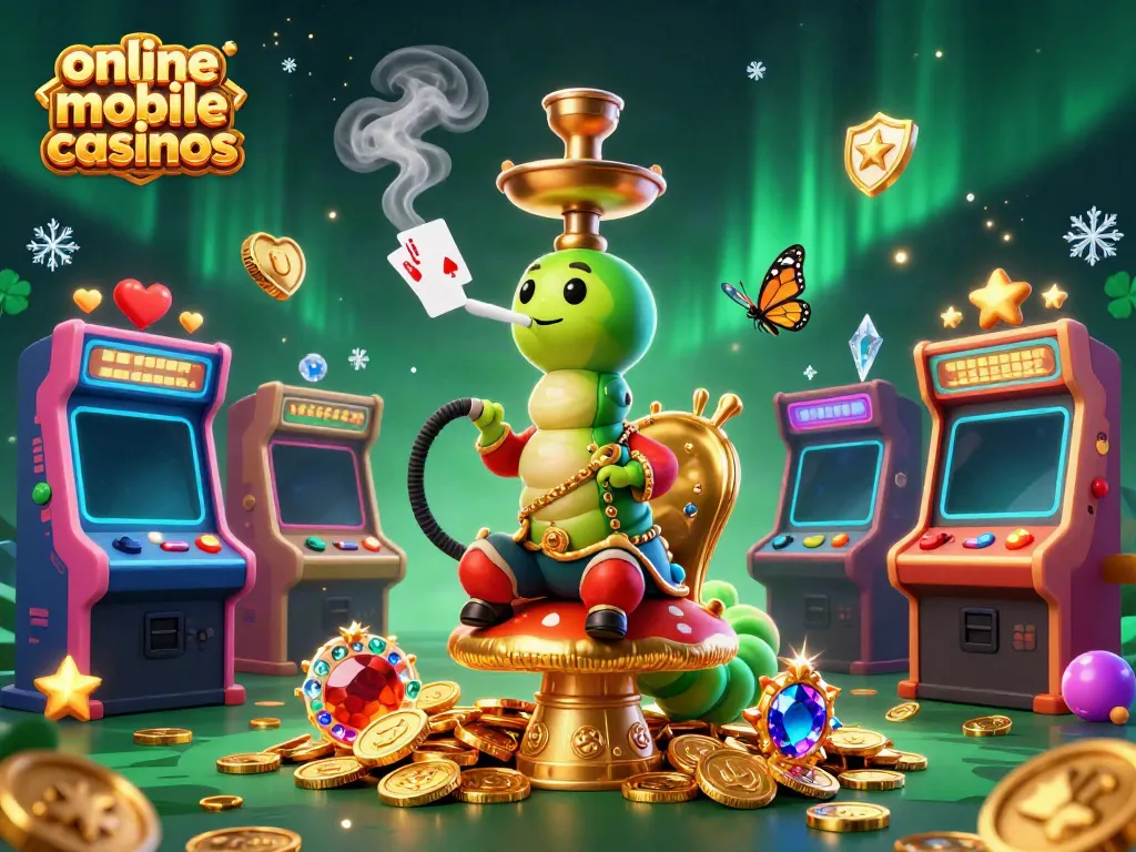 Engage with online mobile casinos featuring a whimsical scene of a caterpillar hookah-master and arcade game elements.