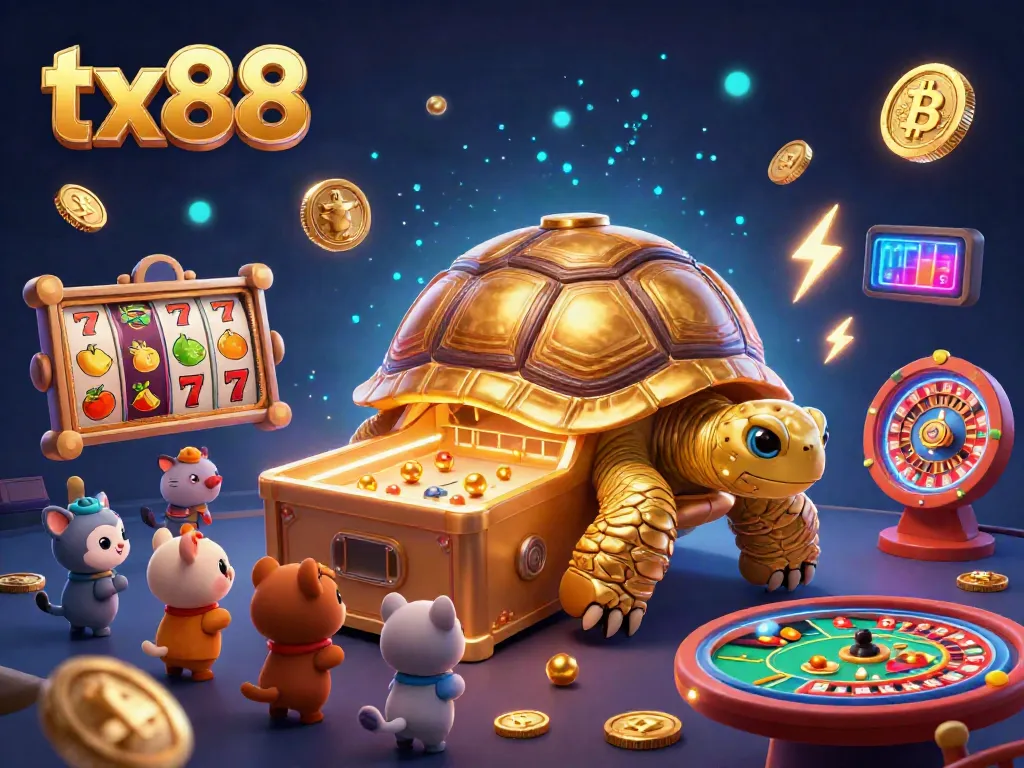Experience thrilling gaming at tx88 with a lively illustration of a golden tortoise pinball machine.