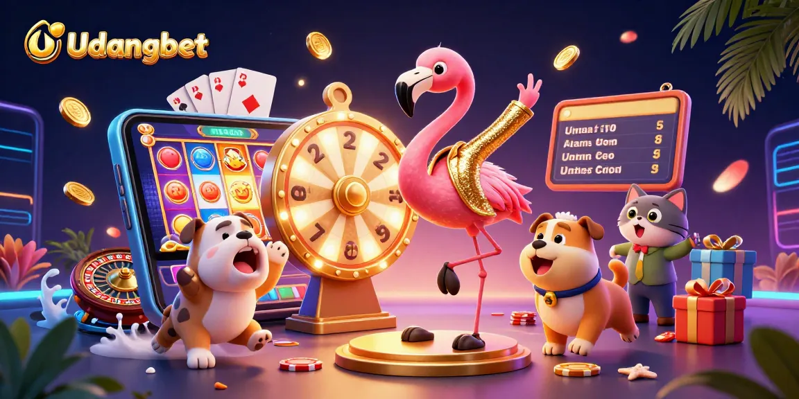 Udangbet intensifies excitement as a flamingo spins a prize wheel with gold coins and slot games erupting!