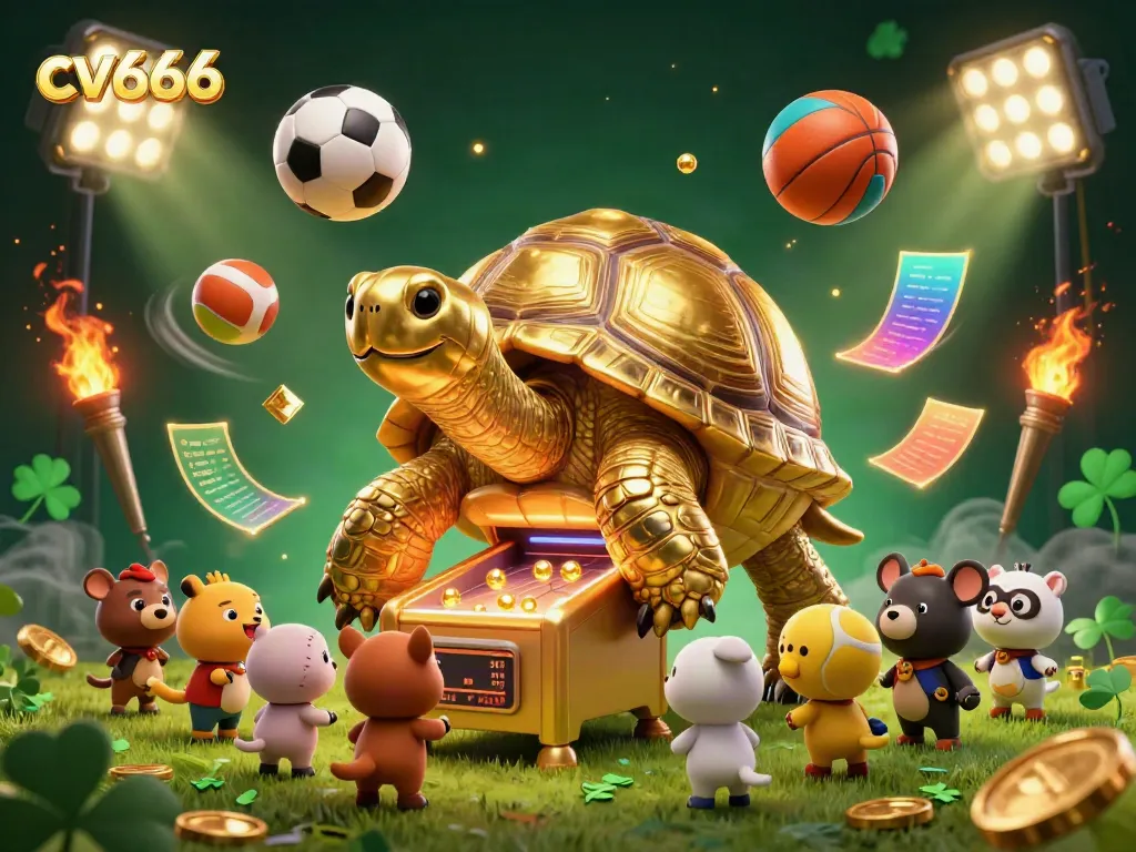 Experience thrilling gaming with cv666 featuring a colossal tortoise pinball machine amidst vibrant sports elements.