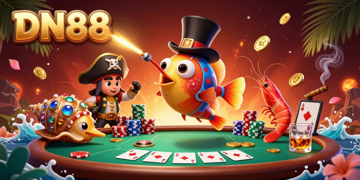 Engage with DN88's thrilling casino illustration featuring vibrant characters and iconic gaming elements.