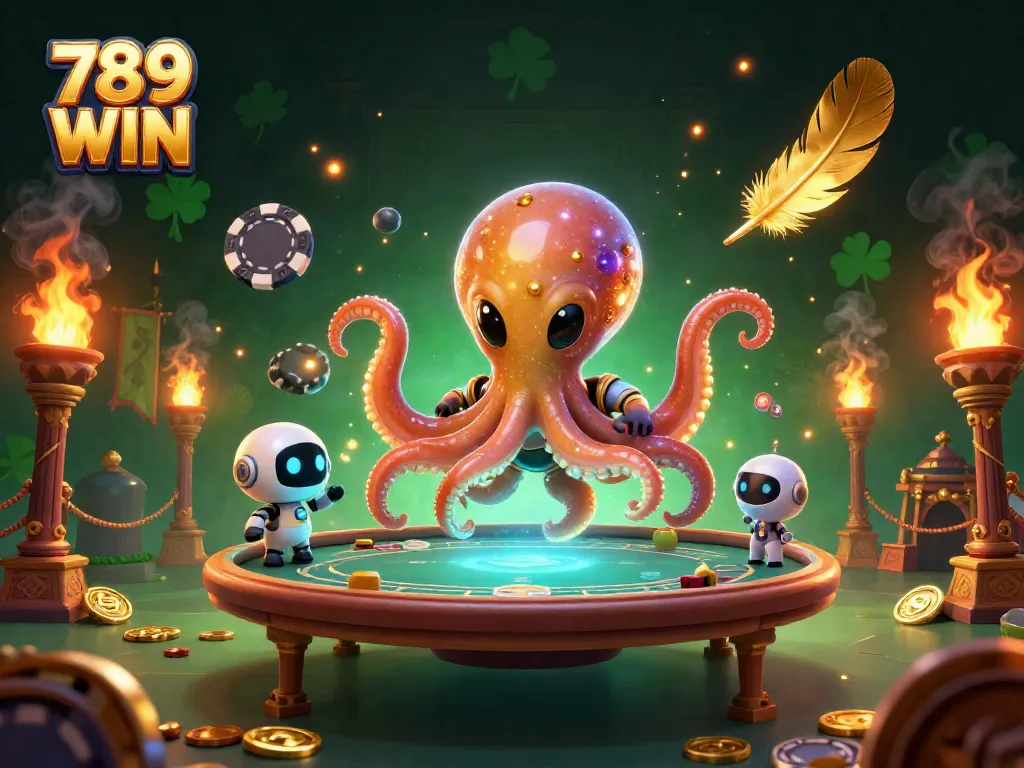 Engage in thrilling bets at 789 WIN with an alien octopus playing poker amidst cosmic decorations.