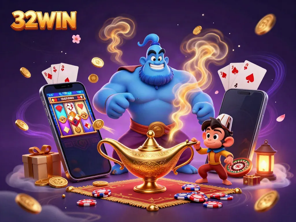 Experience 32WIN's magical gaming with a powerful genie, monkey, and vibrant casino elements.
