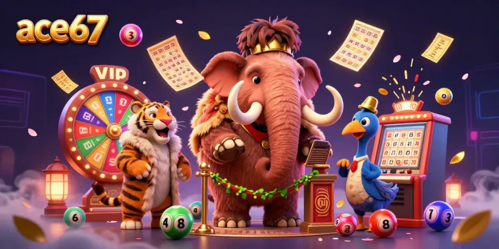 Experience the vibrant casino ambiance with ace67, as colorful lottery balls bounce around 3D characters in a dynamic setting.