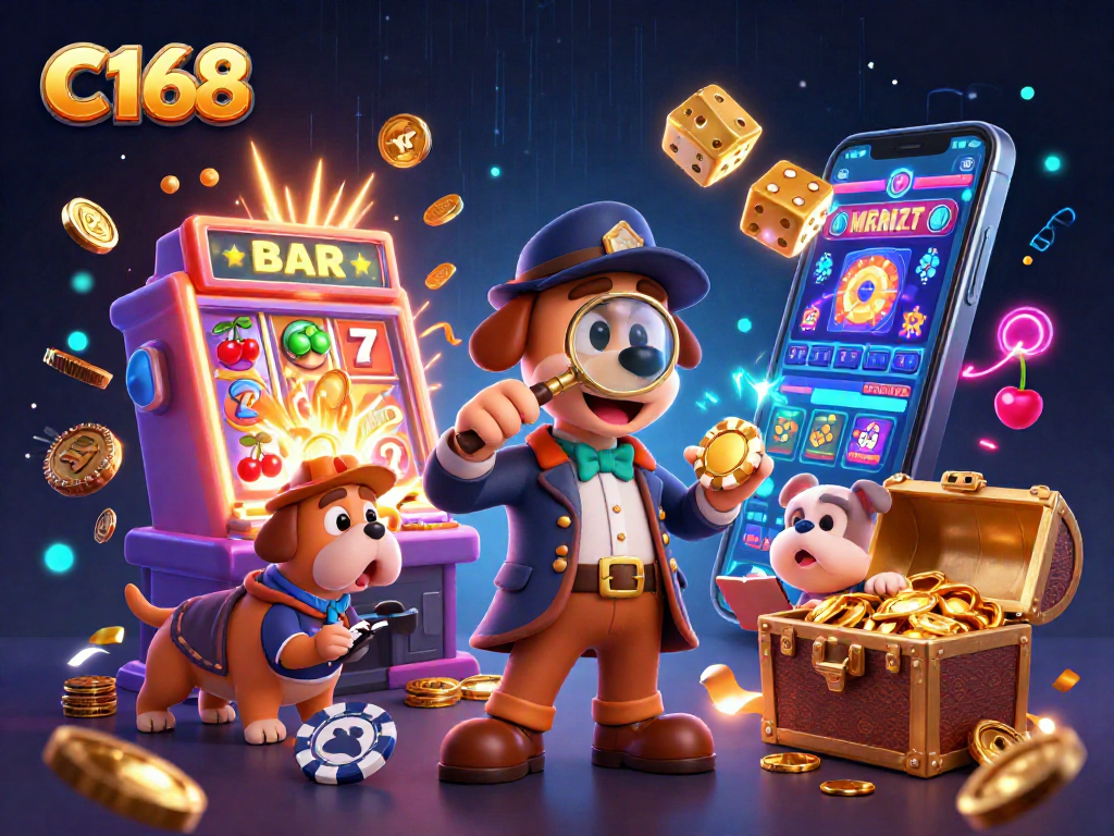 C168 casino experience with a detective and dog uncovering winning poker clues amidst joyful gaming elements.