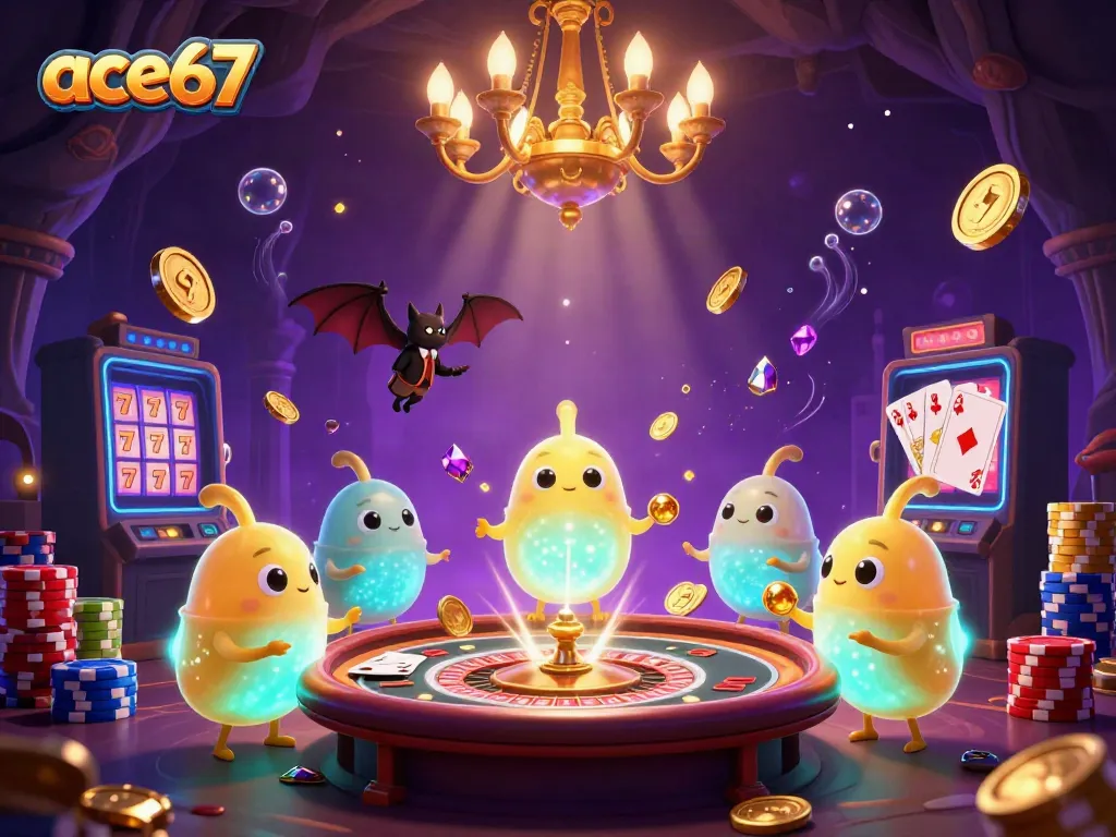 Experience the enchanting glow of ace67's cave casino with vibrant characters and dynamic elements.