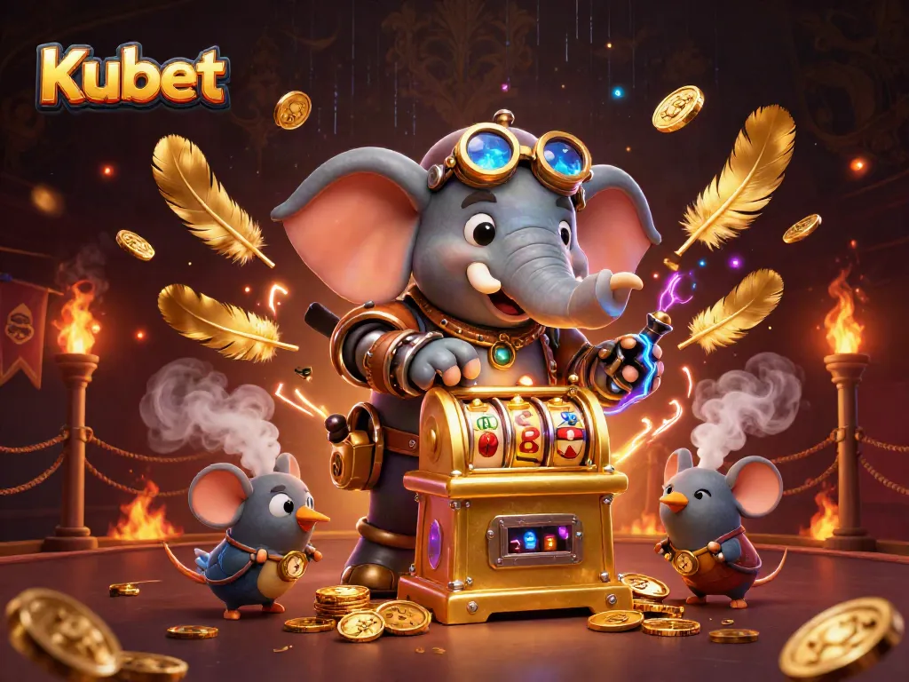Kubet's dynamic scene featuring a steampunk elephant engineer running a slot machine amid swirling gold coins and vibrant effects