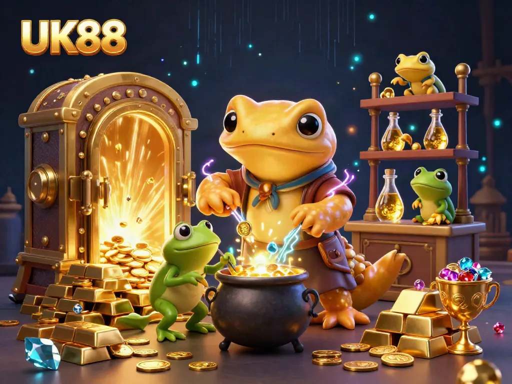 Experience the excitement of online gambling with UK88 in this vibrant 3D illustration featuring alchemists and gold.