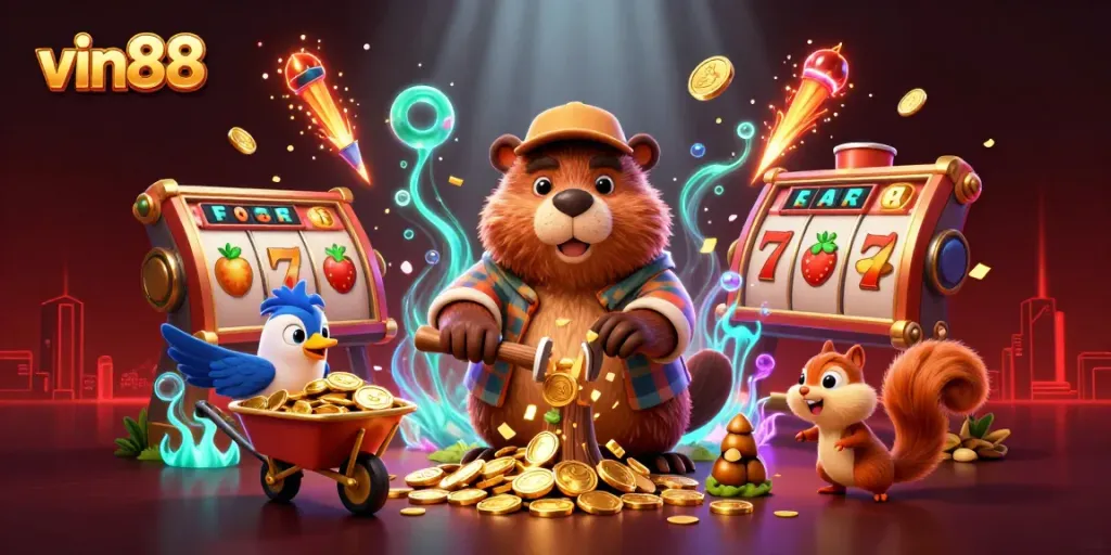 Experience thrilling wins at vin88 with a lively 3D illustration of a beaver and friends celebrating with piles of coins.